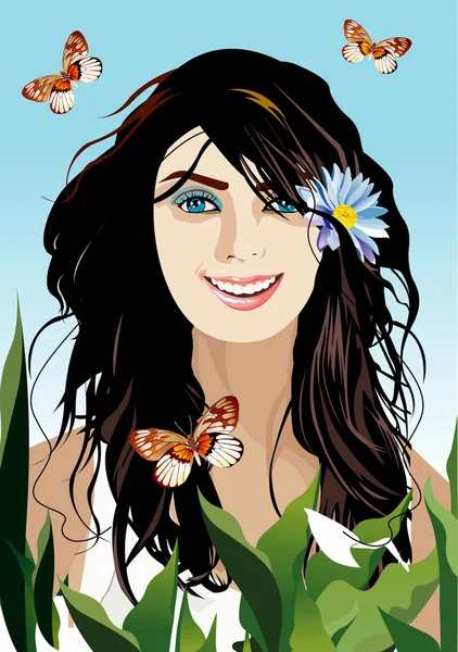 Красуня дівчина з метеликами в її волоссі — стоковий вектор