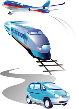 Set of vehicles: plane, car, train. Over white. clipart