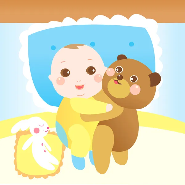 Bebé abrazando osito de peluche en la cama — Vector de stock