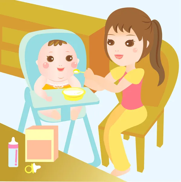 Mom feeding food to baby — Stock Vector