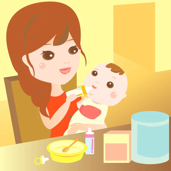 Mom feeding milk to baby — Stock Vector