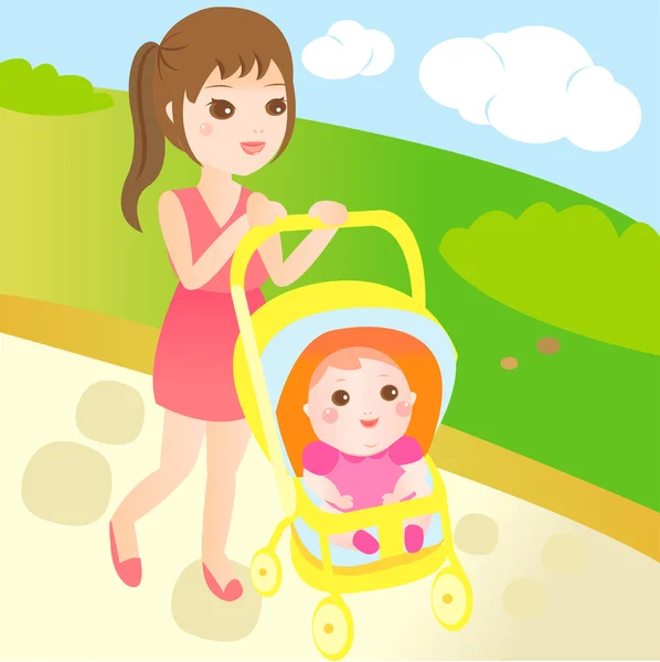 散歩に行く赤ちゃんとママ — ストックベクタ