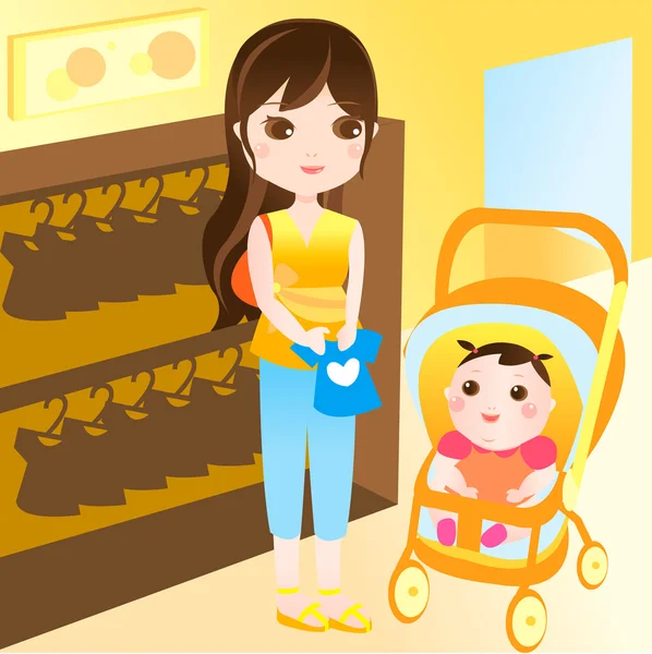 Mãe compras com bebê — Vetor de Stock