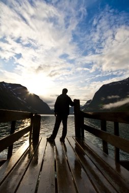 Silhouette of man looking on lake clipart