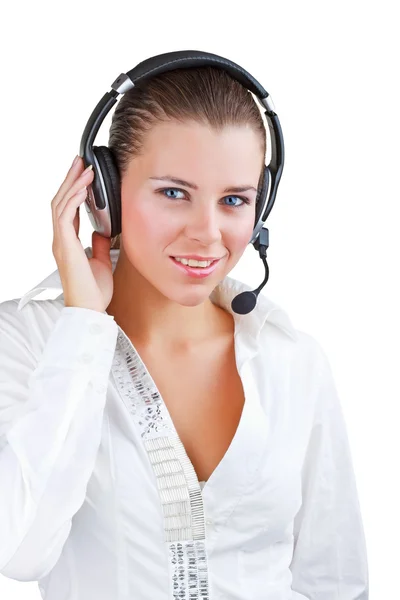Mujer de negocios hablando con auriculares — Foto de Stock