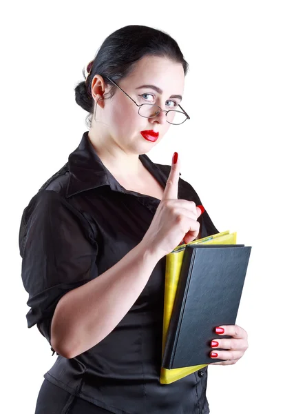 A mulher de óculos mostra o dedo indicador — Fotografia de Stock