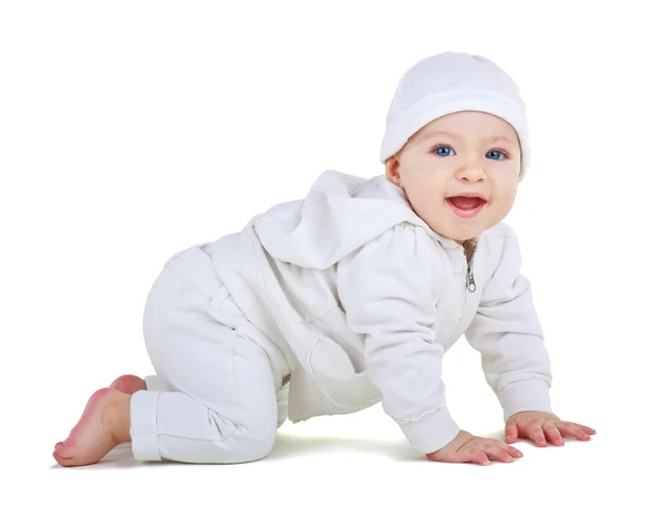 Criança em um terno branco rasteja — Fotografia de Stock