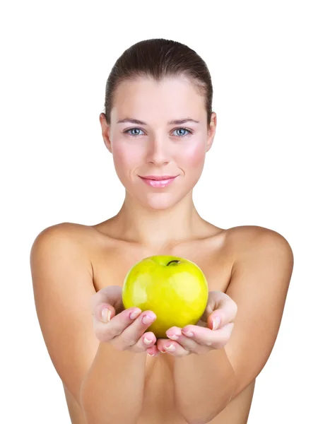 Woman holding apple in front of — Stock Photo, Image