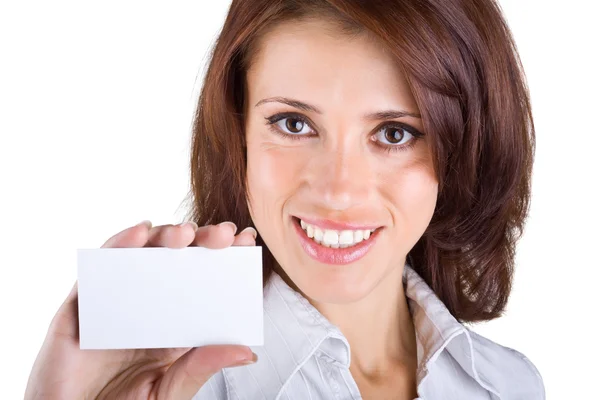 Beautiful business woman showing a business card — Stock Photo, Image