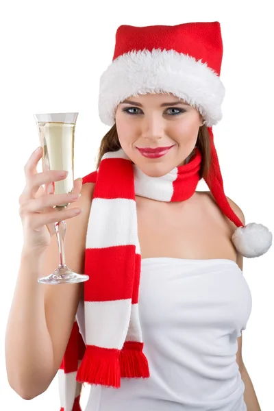 Μια γυναίκα, ντυμένη με ένα χριστουγεννιάτικο κρατώντας ένα ποτήρι σαμπάνιας — Φωτογραφία Αρχείου