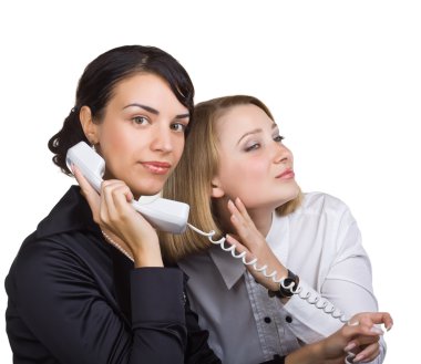 A woman overhears a phone conversation with another woman clipart