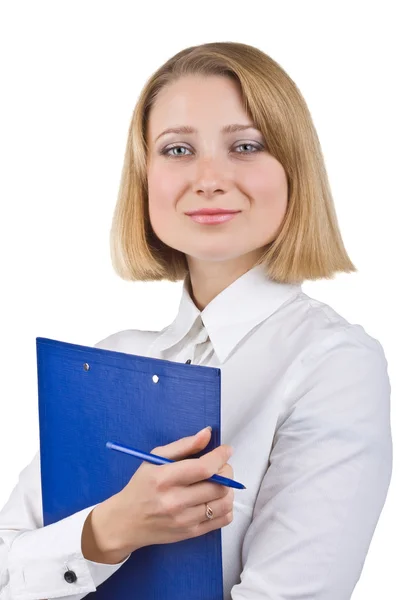 Zakenvrouw holding een Klembord en pen — Stockfoto