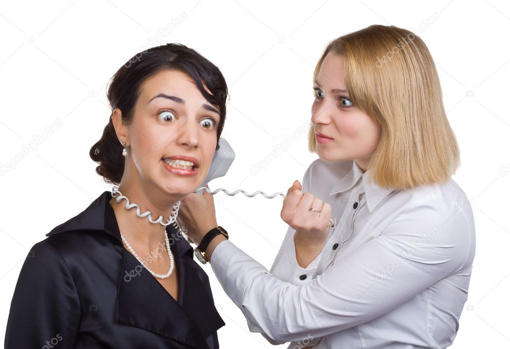 Business woman with telephone wire strangling another woman