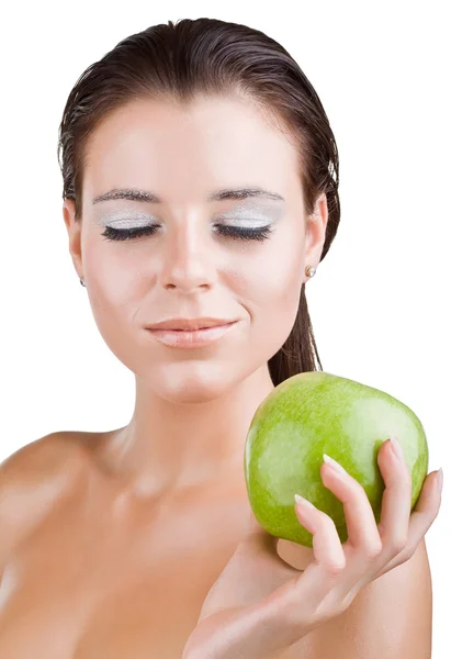 Kaunis tyttö pitää kädessä vihreä omena — kuvapankkivalokuva