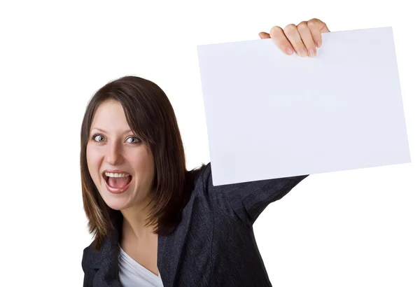Business woman holding a blank sign — Stock Photo, Image