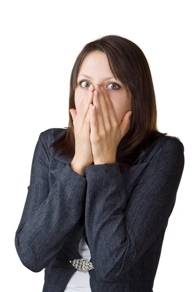 Business woman hides her face in her ​​hands — Stock Photo, Image