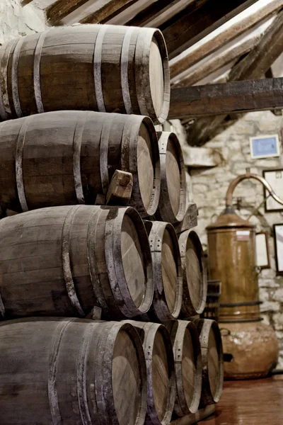 Barrels full of wine in the wine vault cellar — Stock Photo, Image