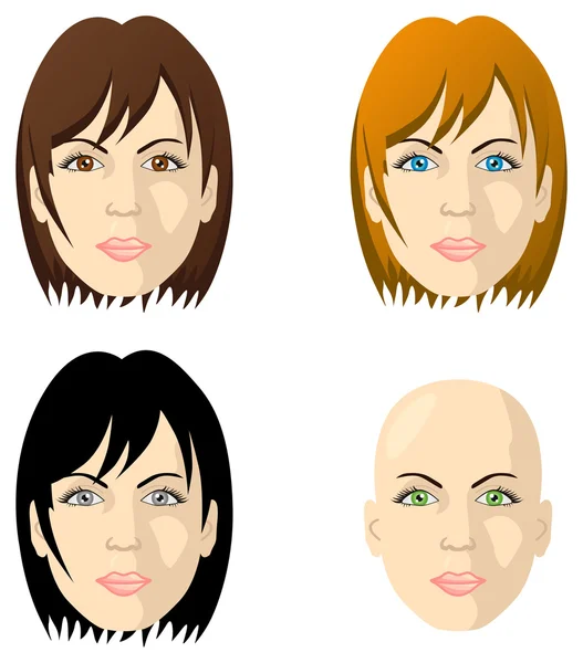 Rostros de mujeres, ojos y cabello de diferentes colores — Vector de stock