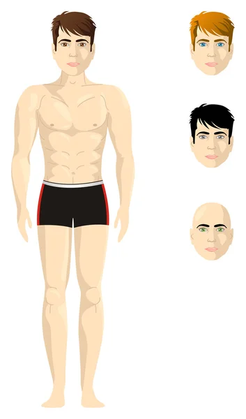 一个半裸男，成比例的身体，与不同版本的头发 — 图库矢量图片