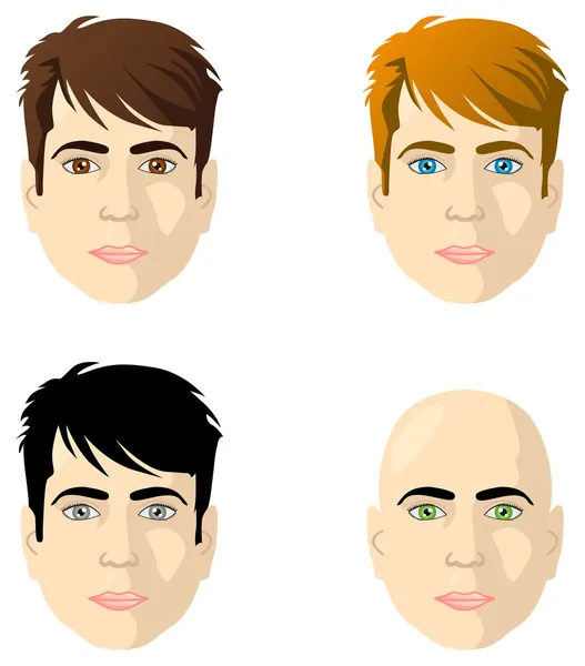 Men's faces, different color eyes and hair — Stock Vector