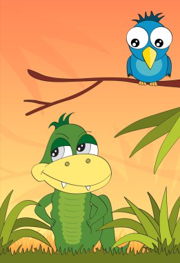 Crocodile and the bird in the jungle vector book illustration clipart