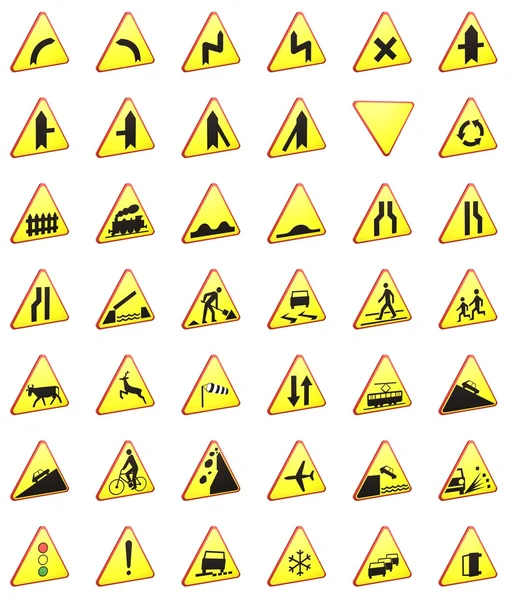 道路交通标志 3d 渲染包 (警告标志) — 图库照片