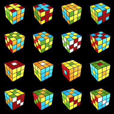 Rubik's cube different pattern on black background 3d render clipart