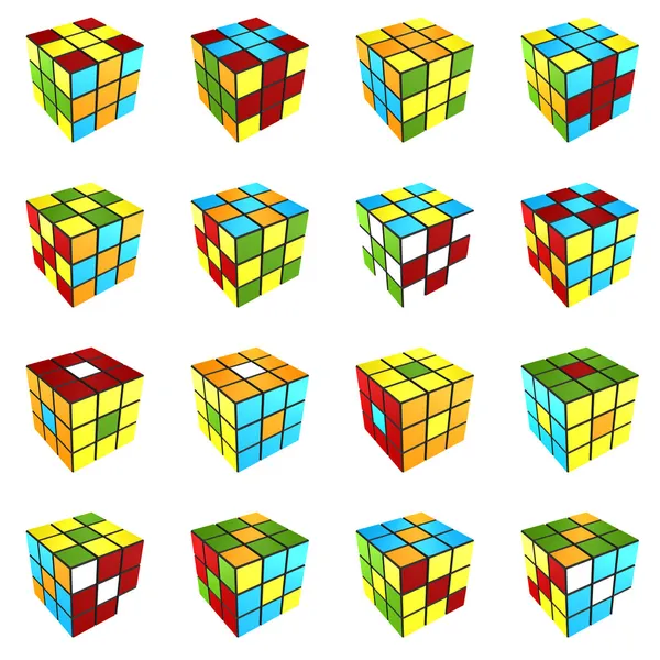 Cubo di Rubik modello diverso su sfondo bianco rendering 3d — Foto Stock
