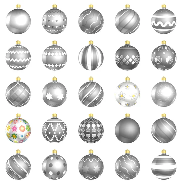 Ezüst karácsonyi baubles nagy vissza 25 fehér háttér — Stock Fotó