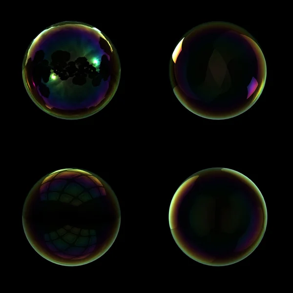 Мильні бульбашки ізольовані на чорному тлі — стокове фото