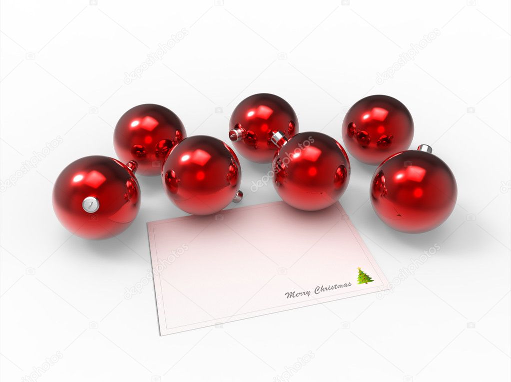 Christmas red baubles and white christmas card for the wishes