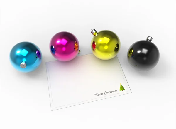 Χριστούγεννα cmyk χρώμα στολίδια πακέτο και λευκό Χριστουγεννιάτικη κάρτα για τις επιθυμίες — Φωτογραφία Αρχείου