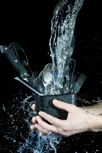 Lavagem utensílios de cozinha — Fotografia de Stock