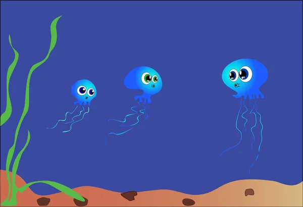 Big-eyed funny blue jellyfish — Stock Vector