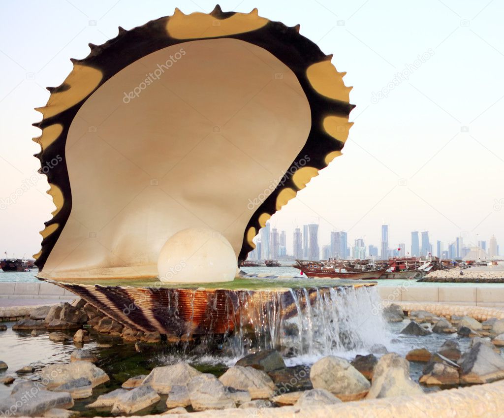 Qatar's oyster and pearl fountain on the Corniche.