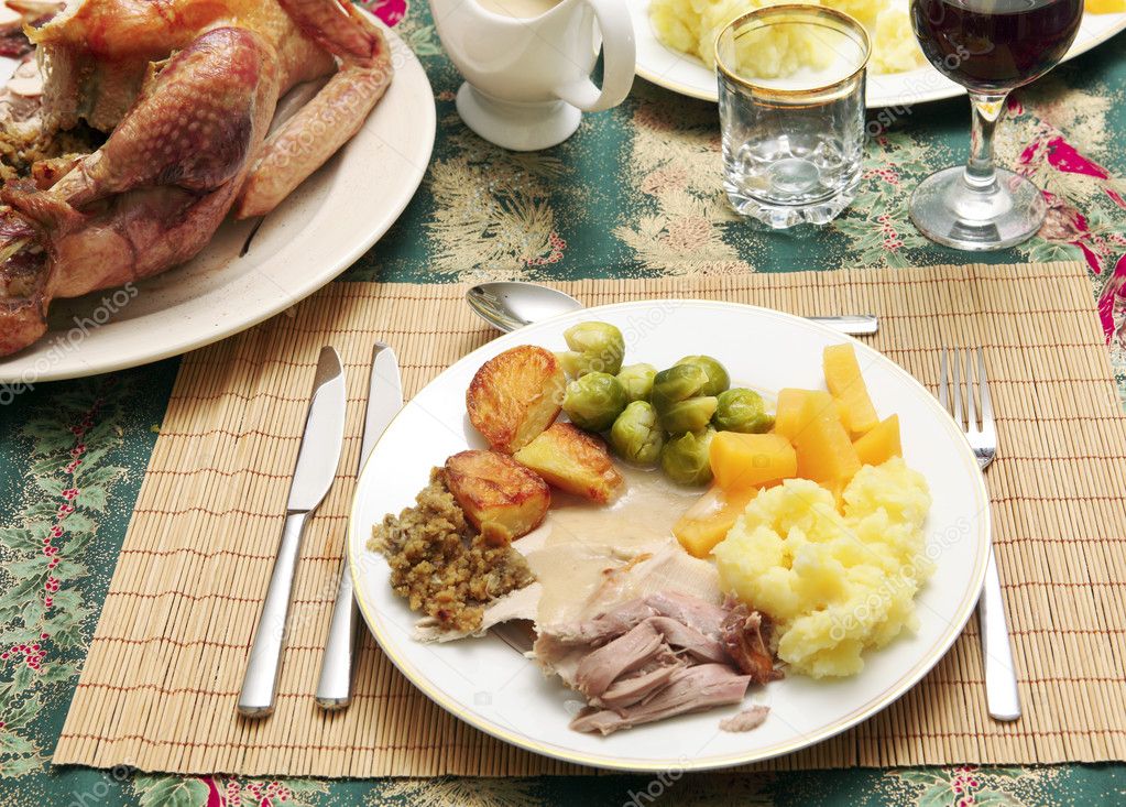 A traditional festive dinner of turkey
