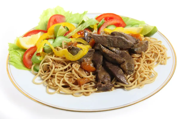 Liver and noodles with salad — Stock Photo, Image