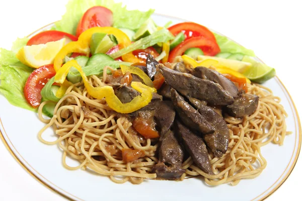 Liver on noodles angled — Stock Photo, Image