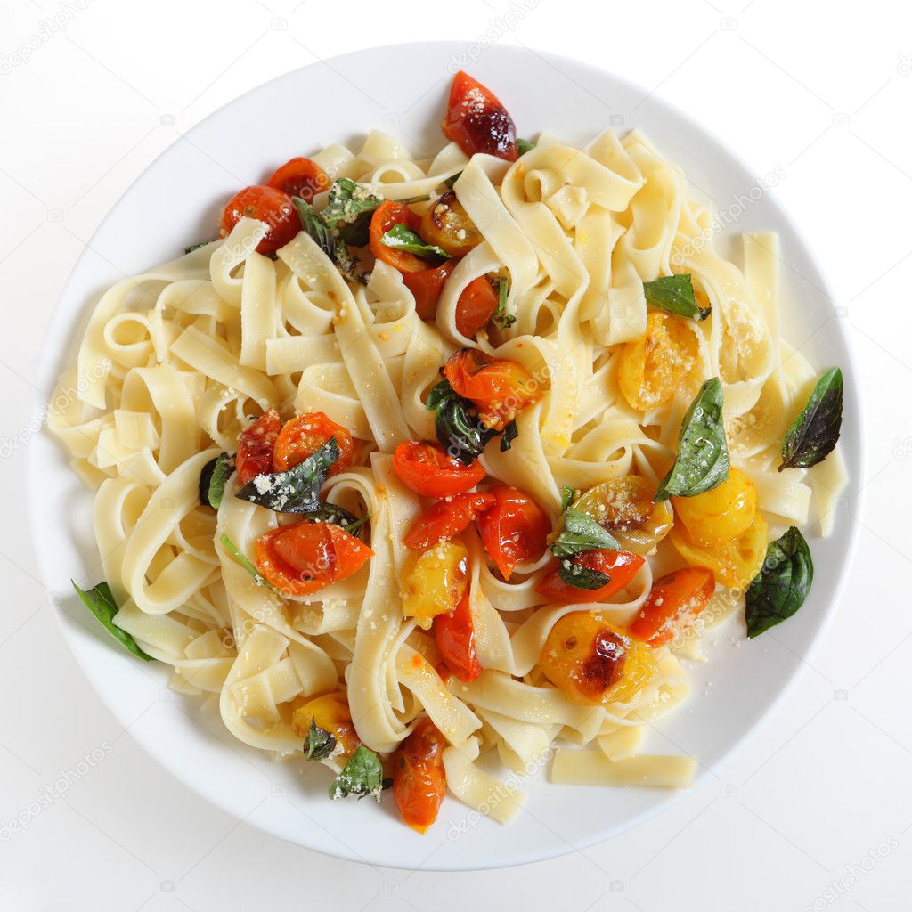 Pasta with grilled cherry tomatoes high angle