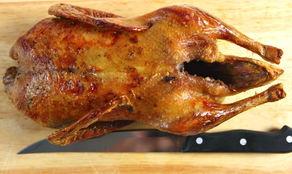 Pečená kachna a nůž — Stock fotografie