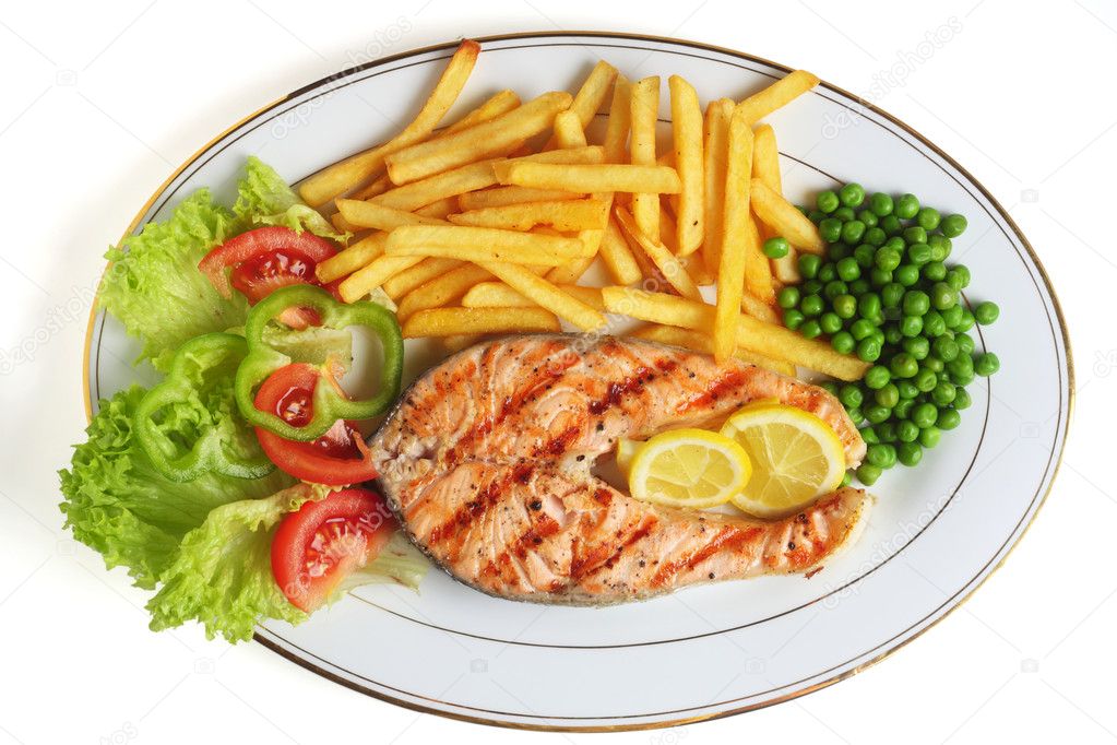Grilled salmon steak meal