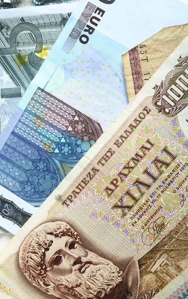 Drachma and euro notes — Stock Photo, Image
