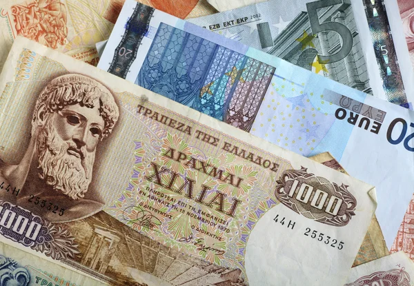 Drachma and euro notes horizontal — Stock Photo, Image