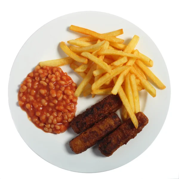 En typisk engelsk snabbmat måltid av Fiskpinnar, bönor och chips — Stockfoto