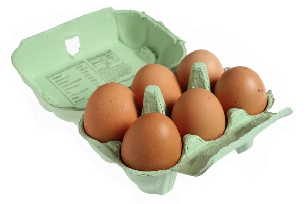 Six œufs dans une boîte à œufs de mache en papier — Photo