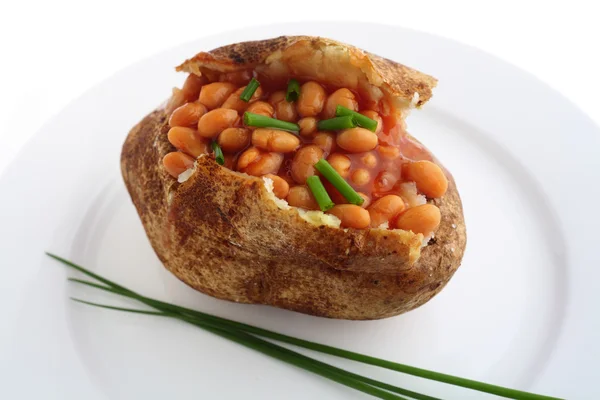 Batata assada Russet com feijão e cebolinha — Fotografia de Stock