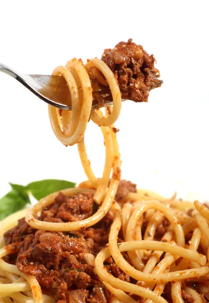 Boloňské špagety na vidličce — Stock fotografie