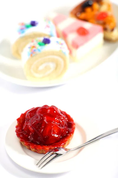 草莓水果叉jordgubbs tårta med gaffel — Stockfoto