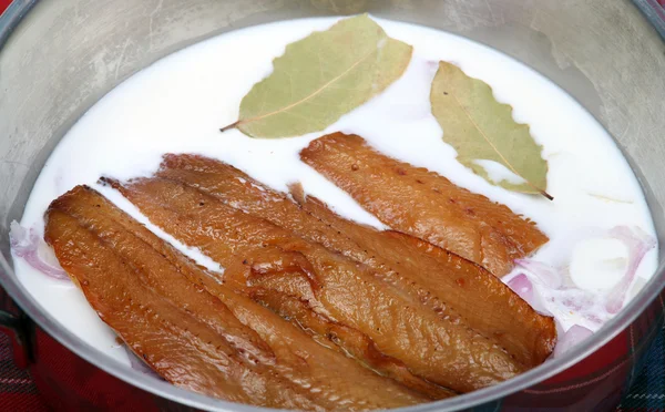Kippers with milk and onion — Stock Photo, Image