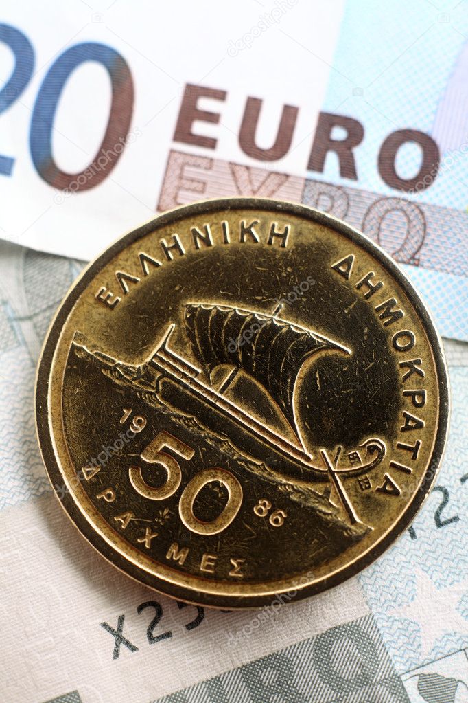 Greek drachma on euros vertical — Stock Photo © Paul_Cowan #7051869